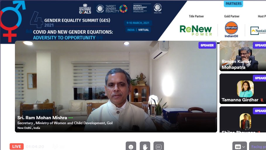 Respected Sri. Ram Mohan Mishra, Secretary , Ministry of Women and Child Development, GoI is live now on the #GES2021 

#GES2021 #Targetgenderequality #GCNI4women