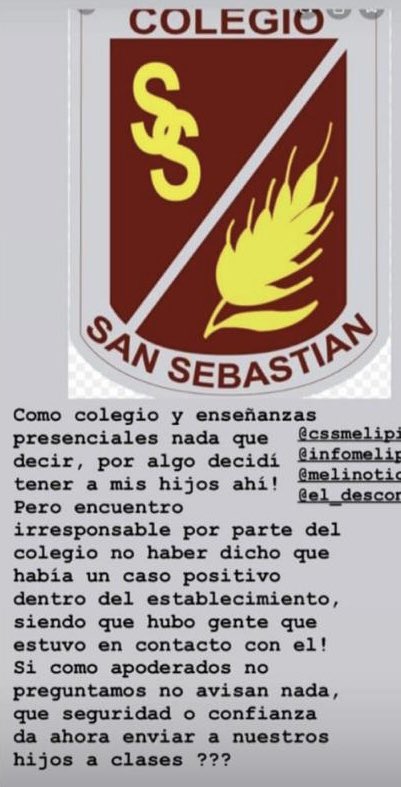 🛑🦠😷#AHORA: Apoderado Colegio San Sebastián, #Melipilla, critica al establecimiento educativo por ocultar información sobre caso positivo d #COVID19 registrado en el lugar y sindica a los directivos como irresponsables #ClasesPresenciales2021 #10marzo #pandemia #DenunciaCiperMV