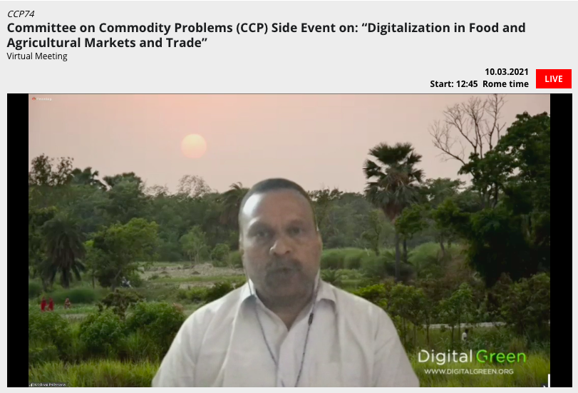 digitalgreenorg's tweet photo. #CCP74 #HappeningNow Committee Commodity Problems #CCP74 event Digitalization in Food &amp; Agricultural Markets &amp; Trade
@KPallassana of @digitalgreenorg on how digitalization of agriculture &amp; food systems is a non-negotiable ~ immediate need is farmer-centric #DataSystems #inclusion https://t.co/HtQSpY0lsz