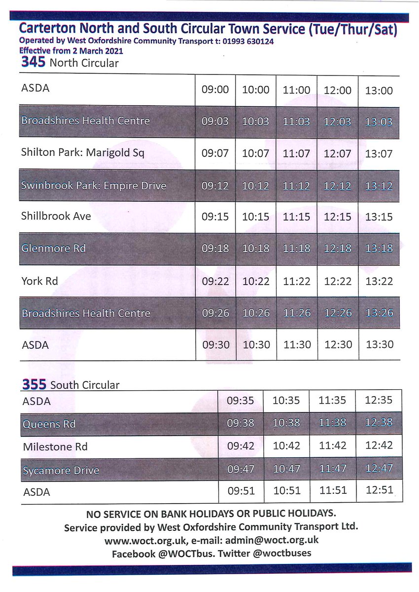 CartertonC's tweet image. COMMUNITY BUS: Concessionary pass users travel free on production of their pass. Non-concessionary pass holders pay a flat fare for a single journey of £2.30.Timed bus stops are those given on the timetable (see below) WOCT have a contact phone number for any queries:01993 630124
