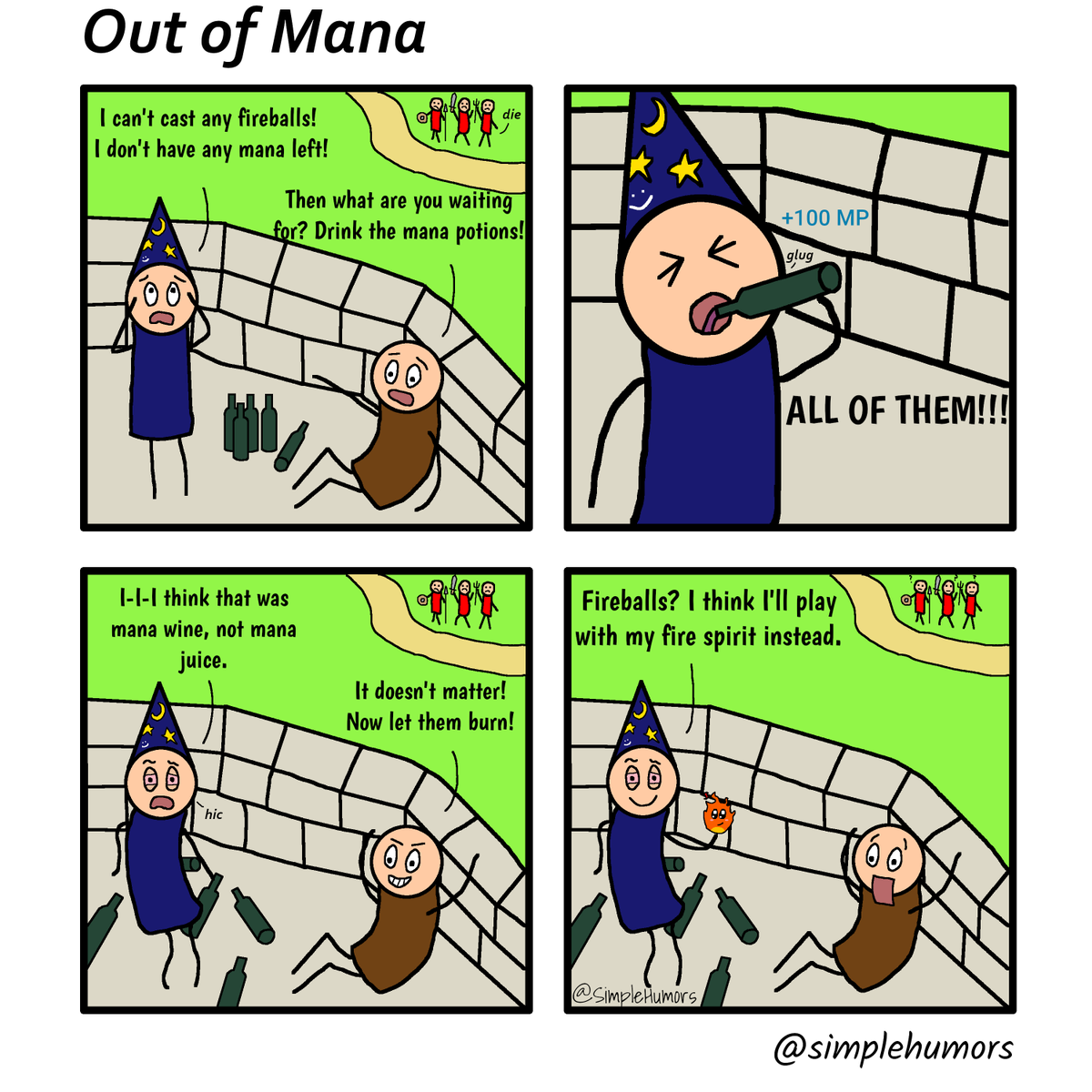 SimpleHumors's tweet photo. Alright, who switched the mage's powerups? 

#art #cartoon #comics #drawing #funny #humor #stickman #simple #SimpleHumors #webcomic #webcomics #indiecomic #4panelcomic #originalcomic #comicdoodle #fantasy #magic #drunk #gaming #mana #fire #firespirit https://t.co/F11ligfDJ6