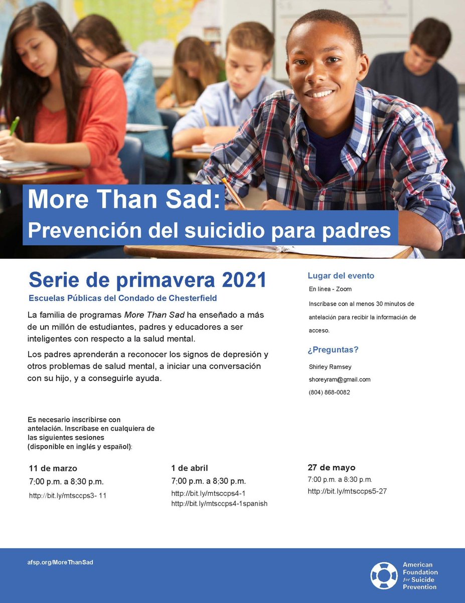 The Chesterfield County Suicide Awareness &amp; Prevention Coalition will be hosting More Than Sad. The next session is Thursday, March 11 from 7-8:30 p.m. 
Visit bit.ly/mtsccps3-11 to register.
#oneCCPS #CCPSstrong