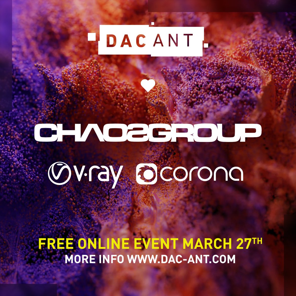 Massive shout-out to <a href="/ChaosGroup/">Chaos</a> for offering us licenses of <a href="/CoronaRenderer/">Chaos Corona</a> and #vray for our #giveaway!

Check out dac-ant.com for more info on our event and a chance to win!

#free #conference #digitalart #stream