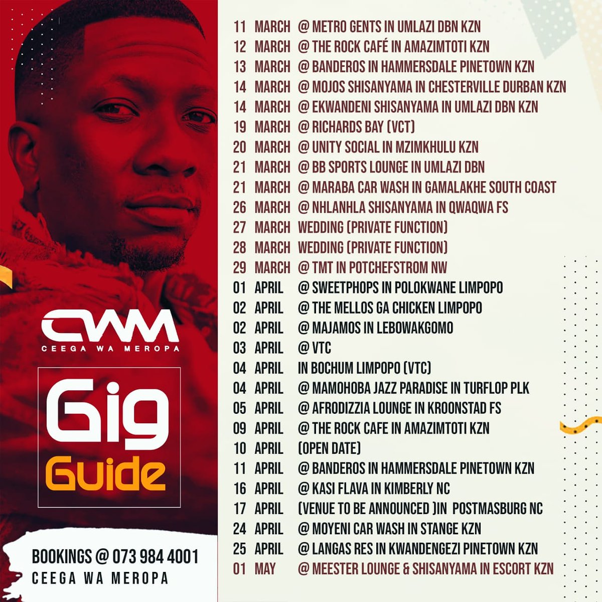 CeegaWaMeropa1's tweet photo. Let the Music Do The Talking.. Catch me in your City/Town Mzansi..

Cant wait to feed you with nothing but good music.. 
Dear God thank you for everything.
#ceegawameropa https://t.co/pd5o9J4hrV