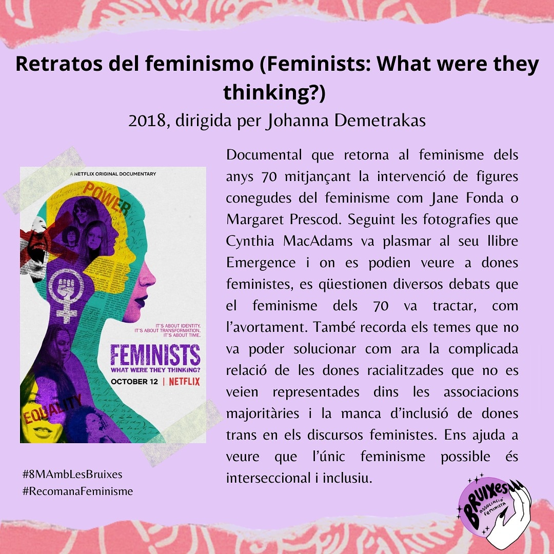 Ass. Feminista Les Bruixes (@bruixes_cat) on Twitter photo Què hi ha millor q recomanar feminisme? 💜 Amb motiu del #8M, us farem una recomanació per dia, durant tota la setmana, sobre pel·lícules, podcasts, llibres,... tots ells amb una perspectiva feminista.
📺Avui us recomanem un documental q podeu trobar a <a href="/netflixes/">Netflix España</a>.
#FeminismeLH Què hi ha millor q recomanar feminisme? 💜 Amb motiu del #8M, us farem una recomanació per dia, durant tota la setmana, sobre pel·lícules, podcasts, llibres,... tots ells amb una perspectiva feminista.
📺Avui us recomanem un documental q podeu trobar a <a href="/netflixes/">Netflix España</a>.
#FeminismeLH