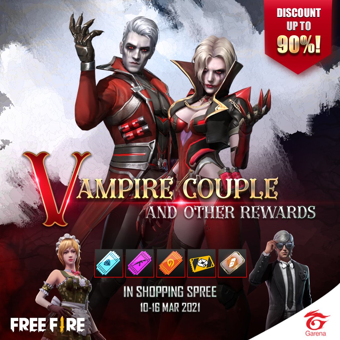yatinthakur14's tweet photo. [Event] Vampire Couple 🧛🧛‍♀️
Big discount for a fashion lover up to 90%!

They are available now in the Shopping Spree and other rewards can be checked out there!

Let's grab them!
10 - 16 March 2021

#FreeFire #VampireCouple
#ShoppingSpree #MarchMadness
#FreeFireEU https://t.co/SEl3ZwfKh9