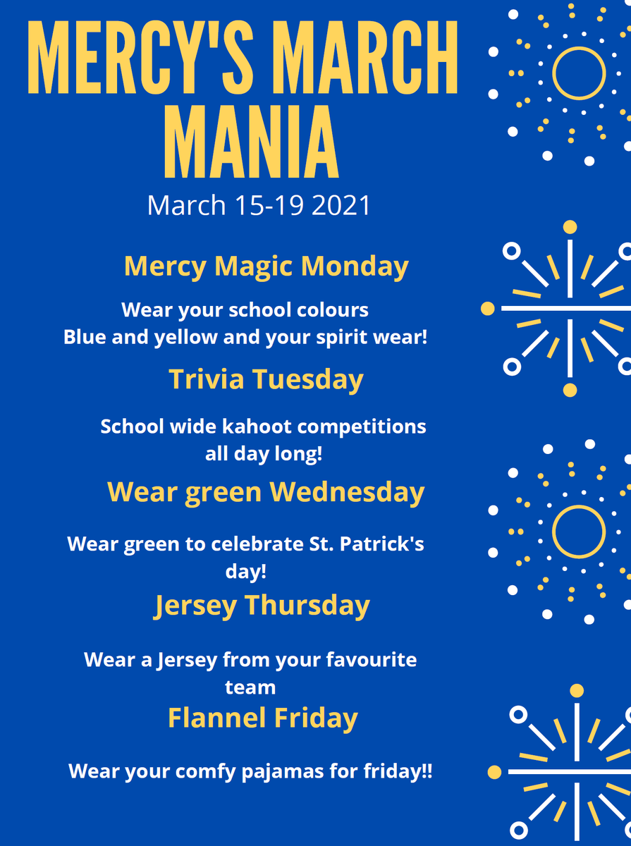 OLMCY's tweet image. "Mercy's March Mania" is coming.... Please check out the line up of events for our Spirit Week next week!  We can't wait to see all of our Magic Pride on display next week.
#schoolspirit #magicpride #spiritweek