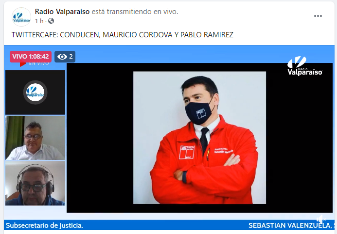 AHORA!

Subsecretario <a href="/Sebavalenzuela_/">Sebastián Valenzuela</a> de <a href="/SubseJusticiaCl/">Subsecretaría de Justicia</a> conversa EN VIVO con <a href="/RadioValparaiso/">Radio Valparaíso</a> <a href="/twittcafechile/">Una Nueva Red Social</a> conducido por <a href="/mcordovai/">Mauricio Córdova</a> y Pablo Ramirez.

fb.watch/48vBqOvx1a/