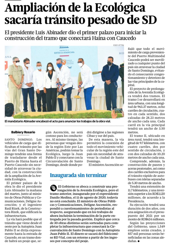 G_GomezJ's tweet photo. El Presidente @luisabinader,  dio #ayer el primer picazo para iniciar la #construcción del tramo que conectará desde el puerto de #Haina hasta el Puerto #Causado sin necesidad de atravesar la ciudad. Esta será la #AvenidaEcológica. https://t.co/lamnjVW5tN