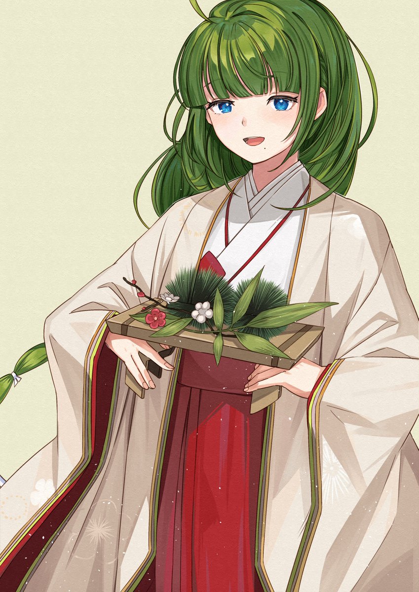 yuugumo (kancolle) 1girl long hair mole under mouth solo green hair japanese clothes mole  illustration images