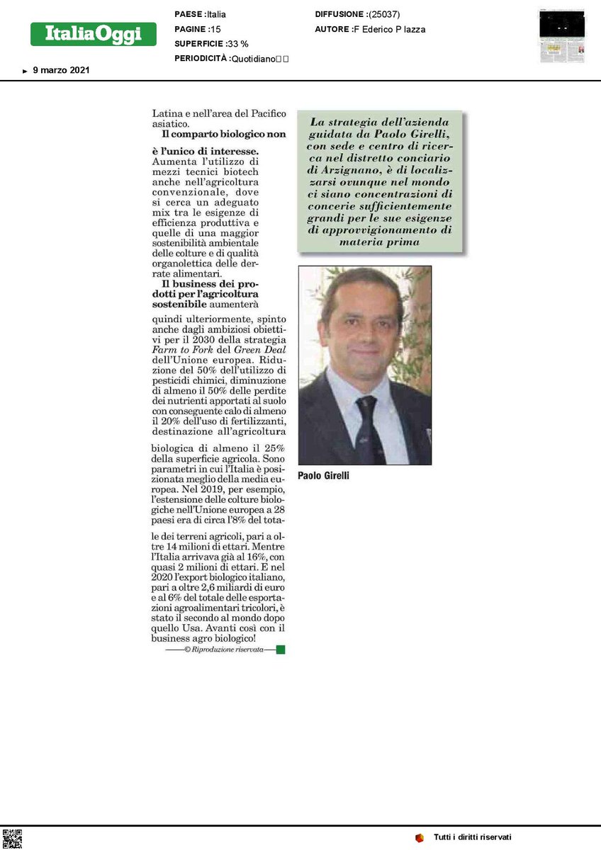 ILSA_pr's tweet photo. L'intervista di #ItaliaOggi a Paolo Girelli, presidente di ILSA S.p.A. Si parla di #biostimolanti per una #agricolturabiologica e sostenibile in #Africa.

#ILSAGreenEvolution
#biotecnologie 
#agricolturasostenibile
#ortofrutta https://t.co/JtUKZZXNdf
