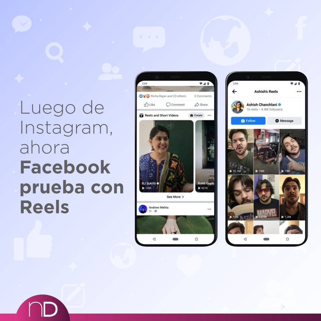 ✋Facebook también busca frenar a TikTok. Está probando la función Reels en India, mercado en el que ciertos usuarios desde ahora pueden compartir el contenido creado desde esta función en sus perfiles.
Enterate más en instagram.com/nucleod.es