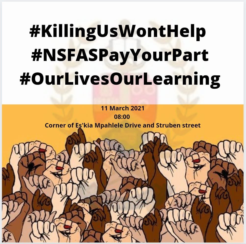 The Department of Higher Education and Training (DHET) together with NSFAS have chosen the criminal act of depriving students of education and meeting  us with violence when we speak out! #KillingUsWontHelp #NSFASPayYourPart #OurLivesOurLearning