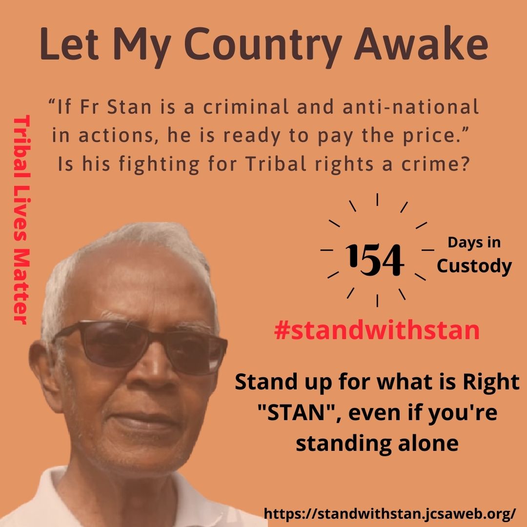 If Fr Stan is a criminal and anti-national in actions, he is ready to pay the price.” Is his fighting for Tribal rights a crime?
#StandwithStan 
#FreeStanSwamy 
#freestan
#TribalLivesMatter
#elderlylivesmatter
#letmycountryawake