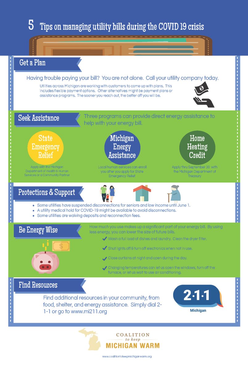 MIPublicPower's tweet photo. Having trouble paying your #uility bills? Learn about several #Michigan programs that can assist you! Contact your utility and find out what help they can offer. You can also find resources by dialing 211 or going to https://t.co/eMmacpadBV
#CommunityPowered #PublicPower https://t.co/hGzkhr6ne2