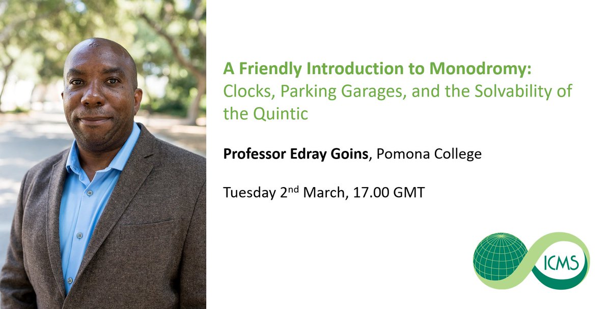ICMS_Edinburgh's tweet image. In case you missed it...
Last week's #ICMSPublicLecture with @edraygoins is now online to (re)watch at your leisure!
Watch 'Clocks, Parking Garages, and the Solvability of the Quintic' now - edin.ac/3l03wcW