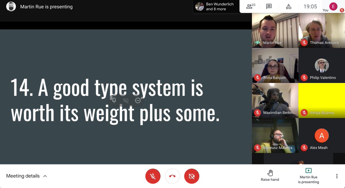 manc_js's tweet image. "type systems can be like ice-cream, you can have too much of it" @martinrue is sharing his engineering axioms on tonight's meetup call 🙌