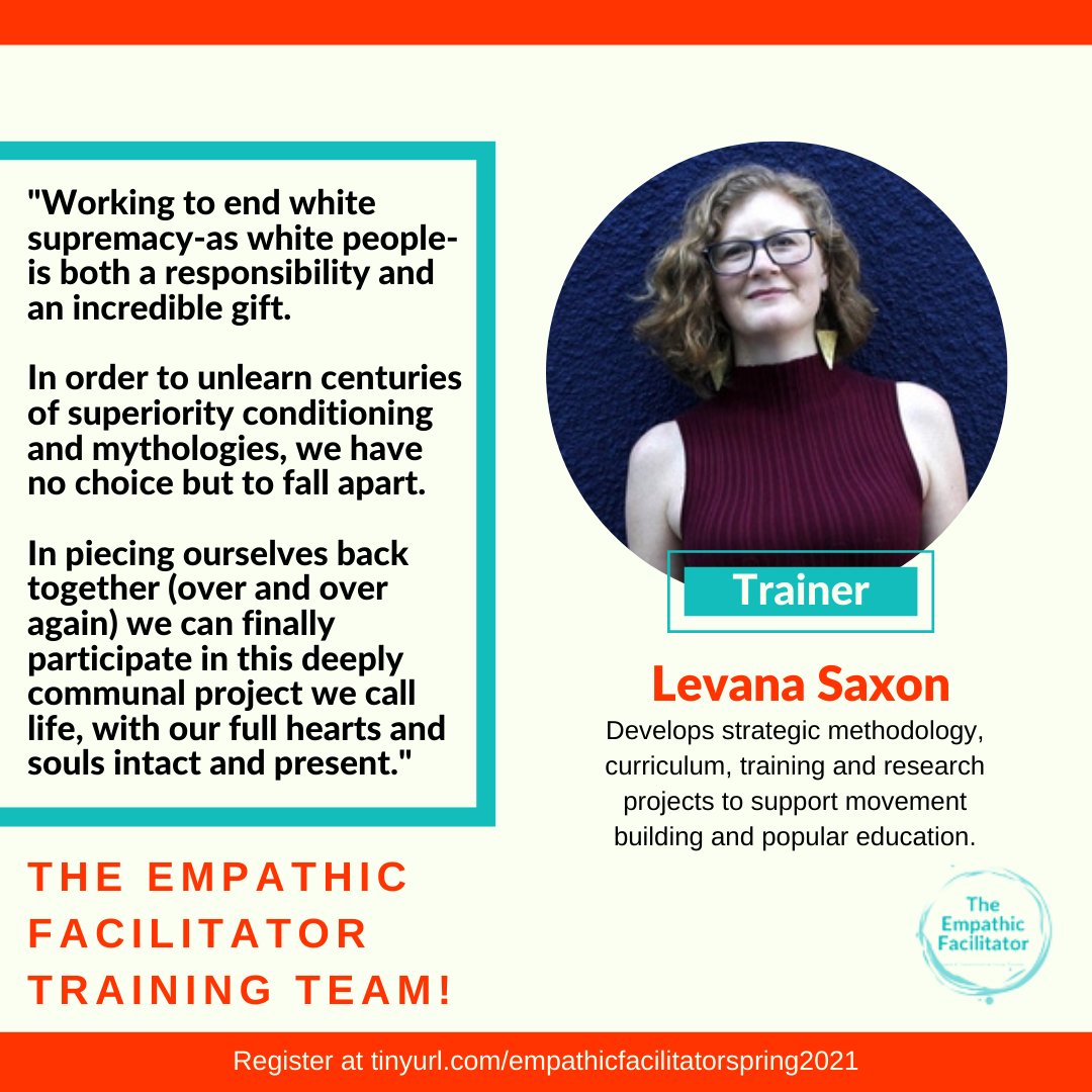 forward_create's tweet image. Introducing Levana Saxon @levanta! Levana will be leading a workshop called "Showing all the Way Up; Pitfalls and Strategies for White Facilitators of Anti-Racist work." as part of the Empathic Facilitator Training! Sign up at tinyurl.com/empathicfacili… #empathicfacilitator