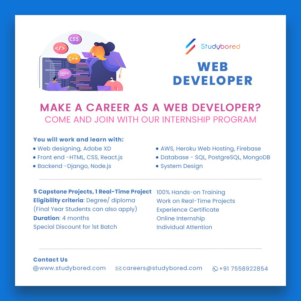 Studybored1's tweet image. Make a career as a web developer 💻🖥.
#webdevelopmentinternship #webdevelopment #webdesign #ui #ux #web #webdeveloper #softwaredeveloper #hiring #coding #webdesign #html #java #javascript #internship #developer #backend #php #student #studybored #software #design