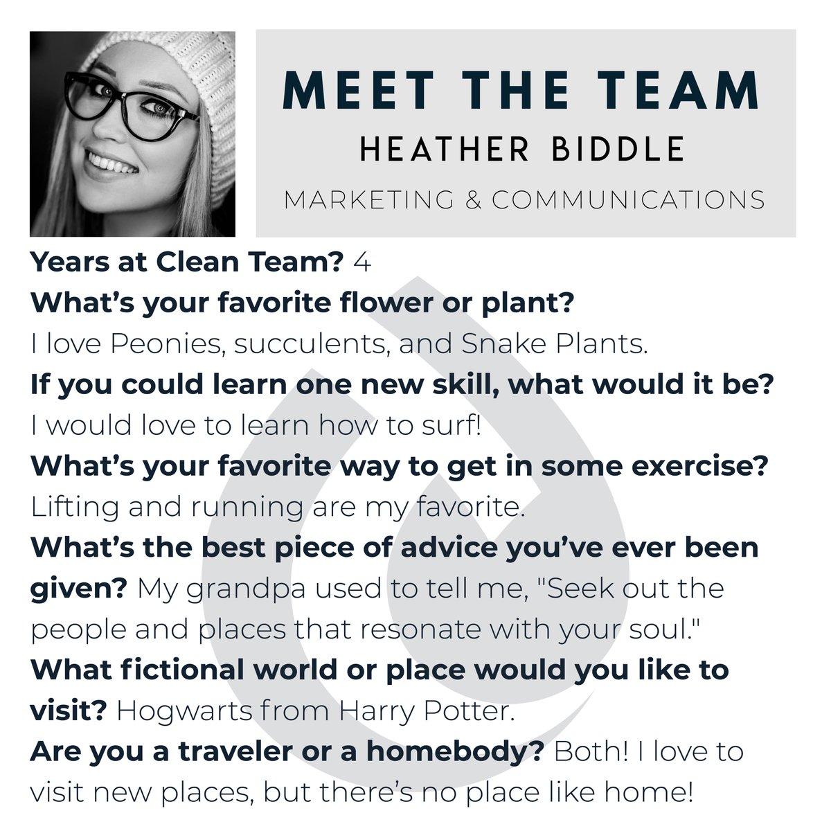 It's time to introduce you to another one of our Clean Team Staff Members, Heather! ⁣⁣⁣⁣⁣⁣⁣

Heather is incredibly goal oriented and dedicated to her craft. We are fortunate to be able to benefit from her creative side with her graphic design and photography abilities.