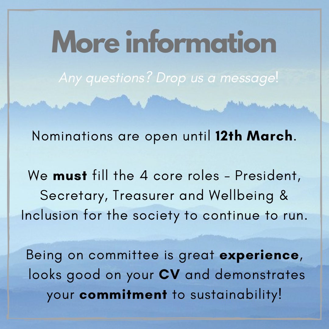❗️Nominations close on FRIDAY. We still need a treasurer and a wellbeing officer for the society to continue❗️ 

Please share this with anyone you think might be interested, and send us a message if you have any questions! ⭐️