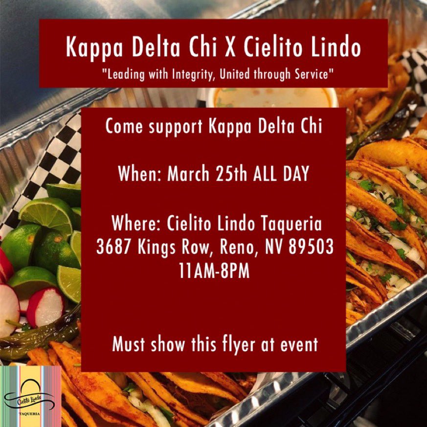 🚨Fundraiser Alert 🚨 
.
.
.
Who doesn’t love some delicious tacos! Join the ladies of Kappa Delta Chi <a href="/cltaqueria/">Cielito Lindo Taqueria</a> on March 25th! 🌮