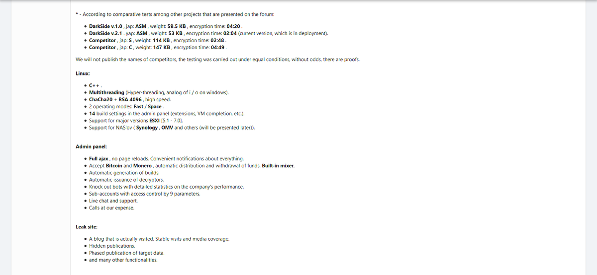 3xp0rtblog's tweet photo. #Malware #Ransomware #DarkSide

New DarkSide 2.0 is out. The new version concentrated on speed and new service features. DarkSide 2.0 became fastest for 2 minutes than concurrent. Other changes refer to panel and service. See screenshots for detailed information. https://t.co/gWDEl6Gcc8