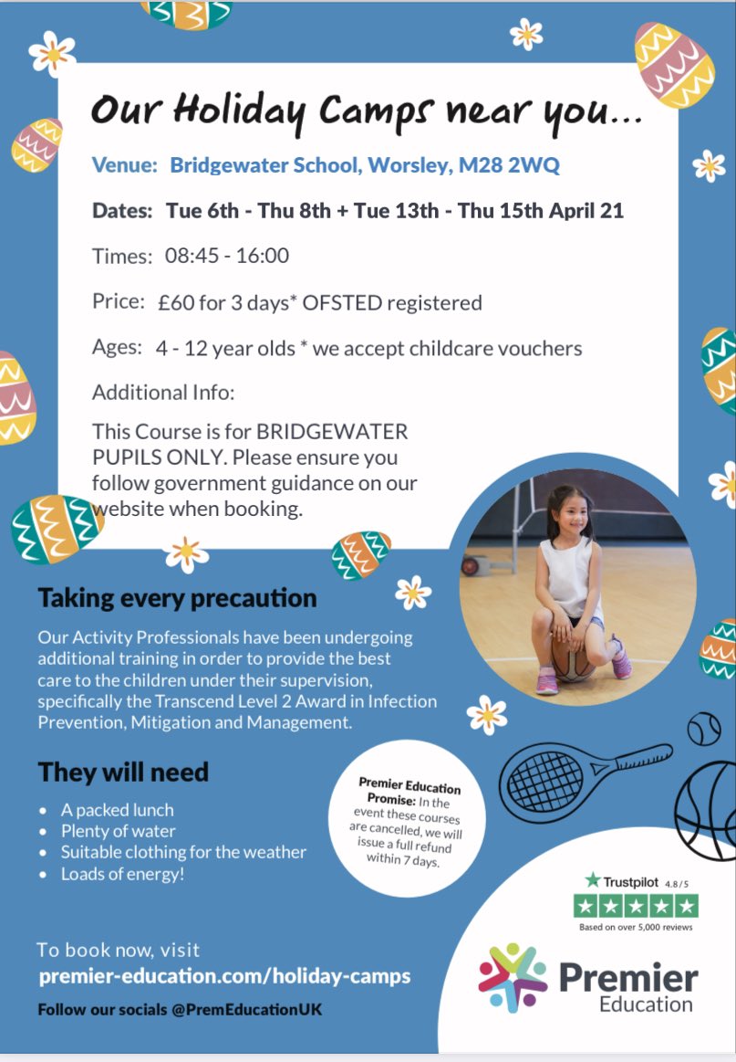 Easter Half Term is right around the corner🐣 Let’s get children active!💪🏻Get your child’s place booked online at premier-education.com  

#Swinton #Worsley #Salford #Manchester #EasterHalfTerm #Halfterm @BWSPrep @BridgewaterScho @thedeansprimary @SalfordCouncil @salford_mayor