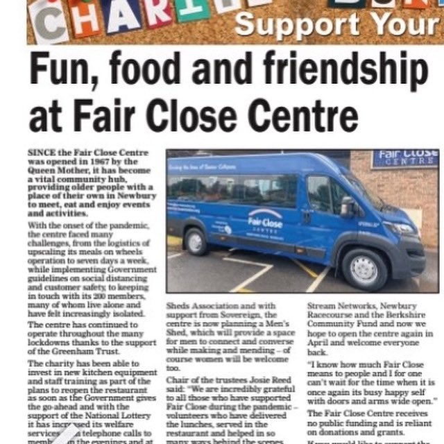 Fairclosecentre's tweet photo. Delighted to appear in the Charities feature in @newburytoday. Can’t wait to see that minibus out and about bringing our members to the Centre 🙏 #funfoodfriendship #ageconcernnewburydistrict https://t.co/NeFfwcFudd
