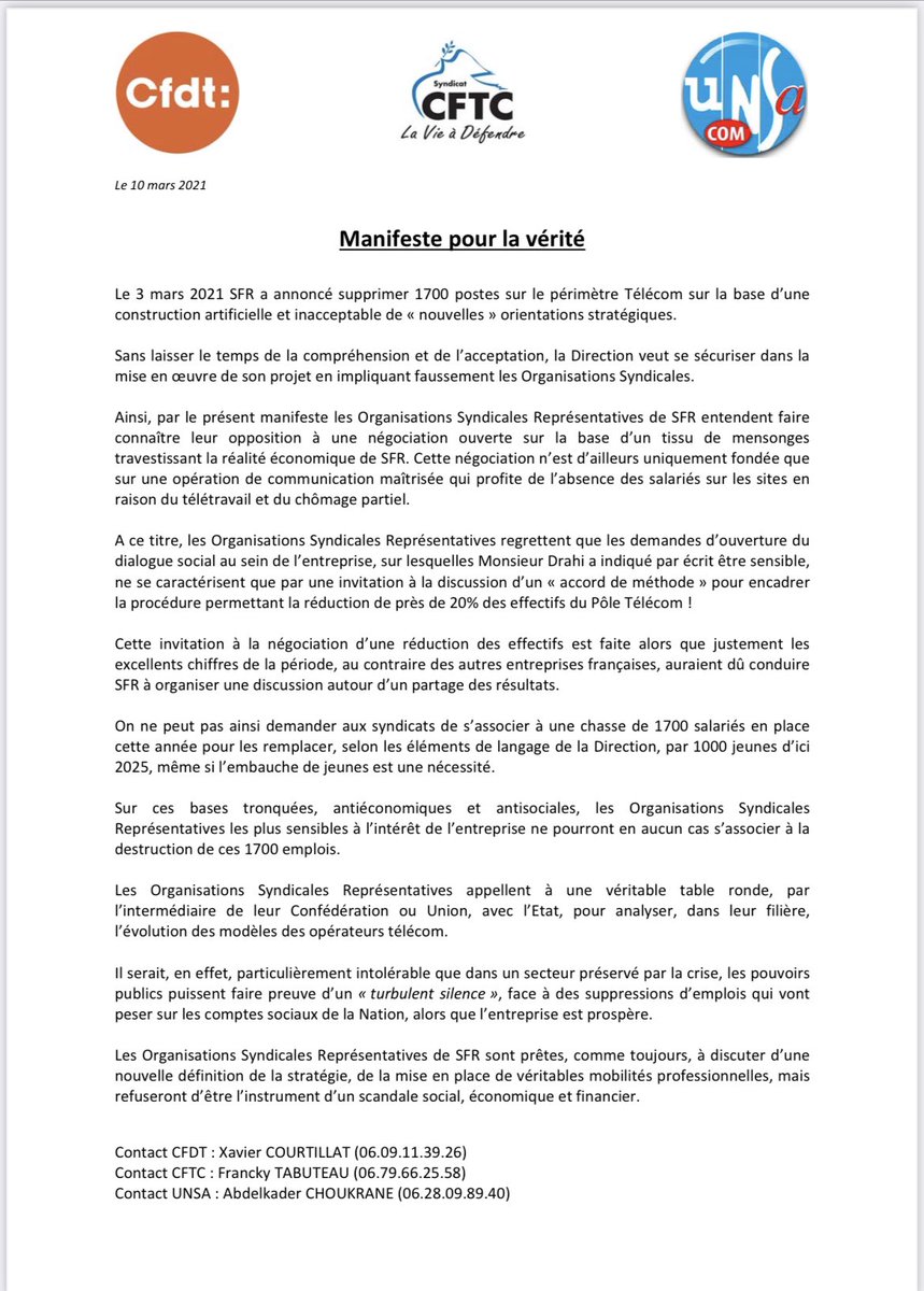cftc_sfrdistrib's tweet photo. Bonsoir à tous,
ci-joint la communication intersyndicale, suite à l’échec de la négociation de ce jour par la direction du groupe
#cftcavoscotes #sfrdistribution #sfrd https://t.co/4t1n5jSp5k