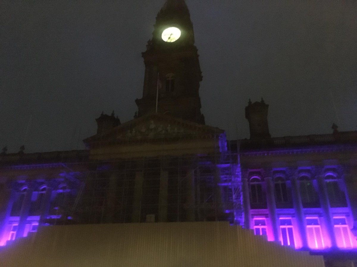 Bolton Town Hall lit up tonight for everyone involved in the COVID-19 vaccination programme. 
Thanks to all who helped us get to 100k vaccinations!
<a href="/boltoncouncil/">Bolton Council</a>