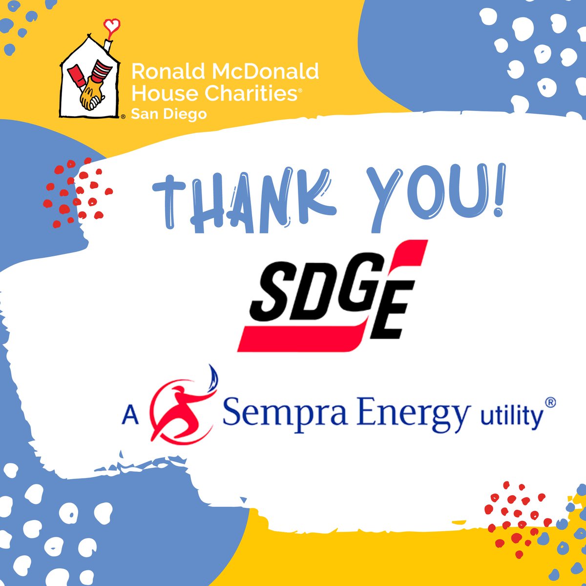 Thank you <a href="/sdge/">SDG&E</a> for your continuous support throughout the years! As a community partner of RMHCSD, SDG&amp;E has served meals, led STEM projects, organized employee giving programs through the <a href="/SempraEnergy/">Sempra</a> #SempraEnergyFoundation, and so much more! Thank you! #rmhcsd #SDGEGiving