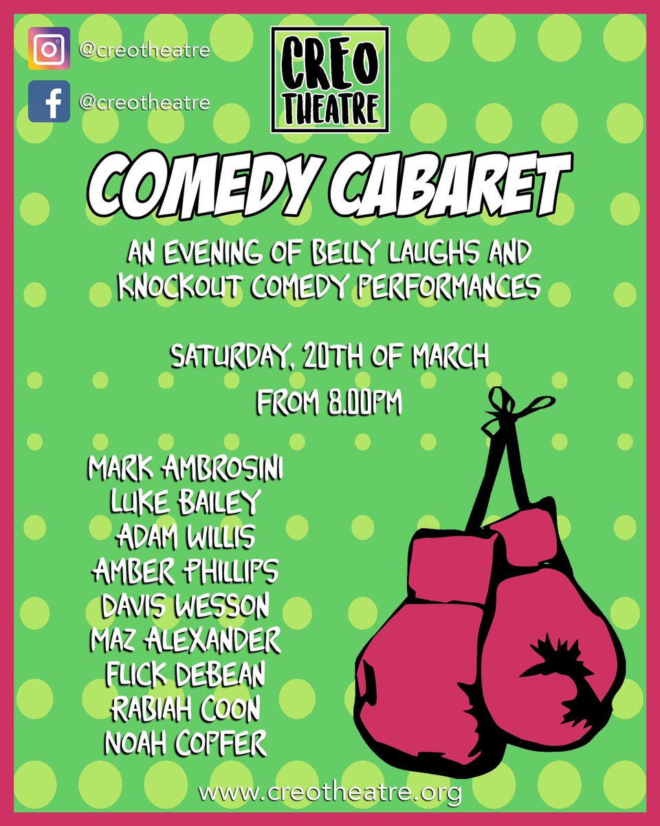 COMEDY CABARET LINE UP!

Introducing our amazing acts for our next event on Saturday 20th March from 8pm 🎉

To grab yourself a 𝗙𝗥𝗘𝗘 ticket 🎫 to our zoom comedy night please head to creotheatre.org/comedy-cabaret or click the link in our bio and be sure to secure yourself a ticket!