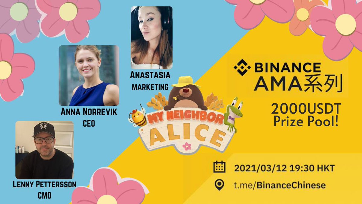 MyNeighborAlice's tweet photo. 👩🏼‍🌾 Hello Again, to our Chinese Neighbors!

☝🏻 The AMA will be both in Chinese and English, plus an interpreter will be joining, too! 🐝

⏰ When: March 12, 2021, Friday 19:30 HKT
💰 Prize Pool: 2000 USDT
 📍Where: https://t.co/I48o7v4e0d

$BNB $ALICE https://t.co/CvD6JC3cNt
