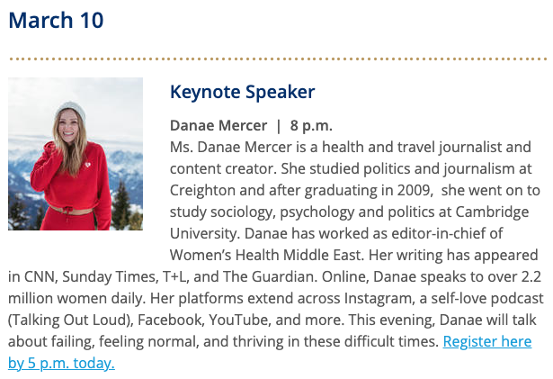 wwyjr's tweet photo. Thrilled that @Creighton students get to hear an amazing alumna @DanaeMercer tonight! #womanforothers Register here by 5pm here >> https://t.co/PRjyJnMtTp https://t.co/zAz5HDWycf