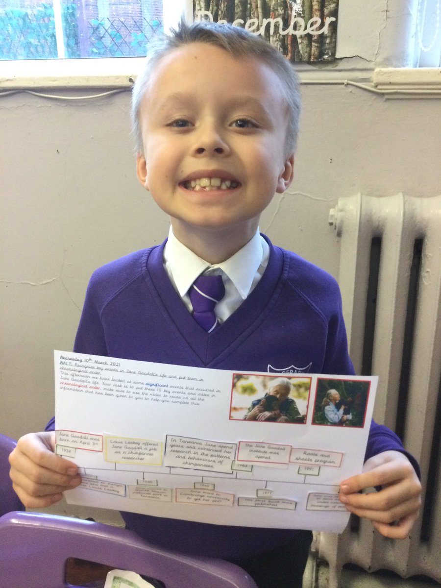 StGerardsWidnes's tweet photo. Y2 have been fact finding around our classroom, discovering information about the famous scientist and explorer Jane Goodall! We then showed a super understanding of chronology by placing important events in her life in chronological order! ππ΅ #StGerardsHistory #SuperTeamwork https://t.co/7UaPp86GJp
