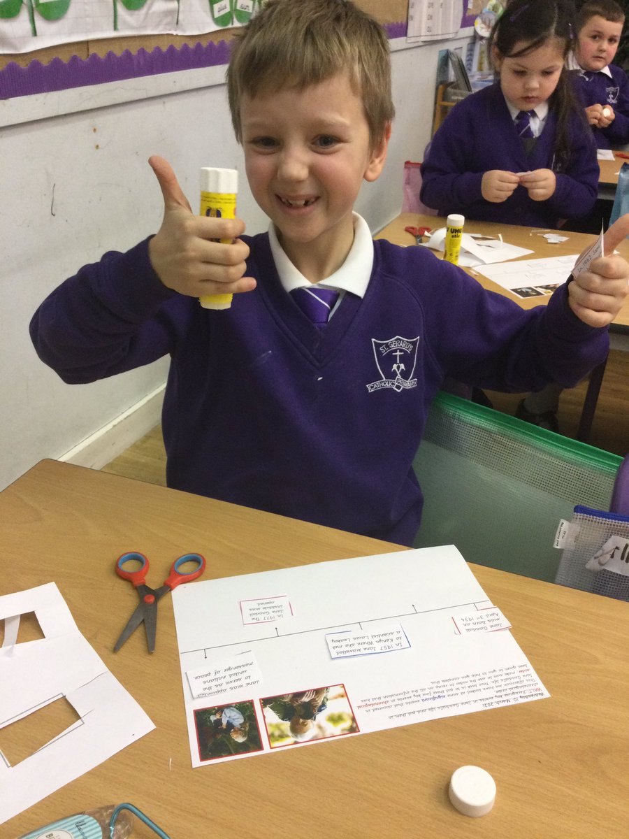 StGerardsWidnes's tweet photo. Y2 have been fact finding around our classroom, discovering information about the famous scientist and explorer Jane Goodall! We then showed a super understanding of chronology by placing important events in her life in chronological order! ππ΅ #StGerardsHistory #SuperTeamwork https://t.co/7UaPp86GJp