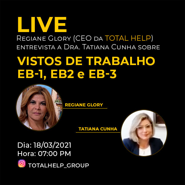 TotalHelp_Law's tweet photo. Não percam a Live no próximo dia 18.
Regiane Luna, CEO da TOTAL HELP conversa com a Dra. Tatiana Cunha sobre Visto de Trabalho nos Estados Unidos.
#VistoDeTrabalho
#TrabalharNosEua
#VivendoNosEua
#LIVEON 
#TotalHelp https://t.co/nJGguNkpP9