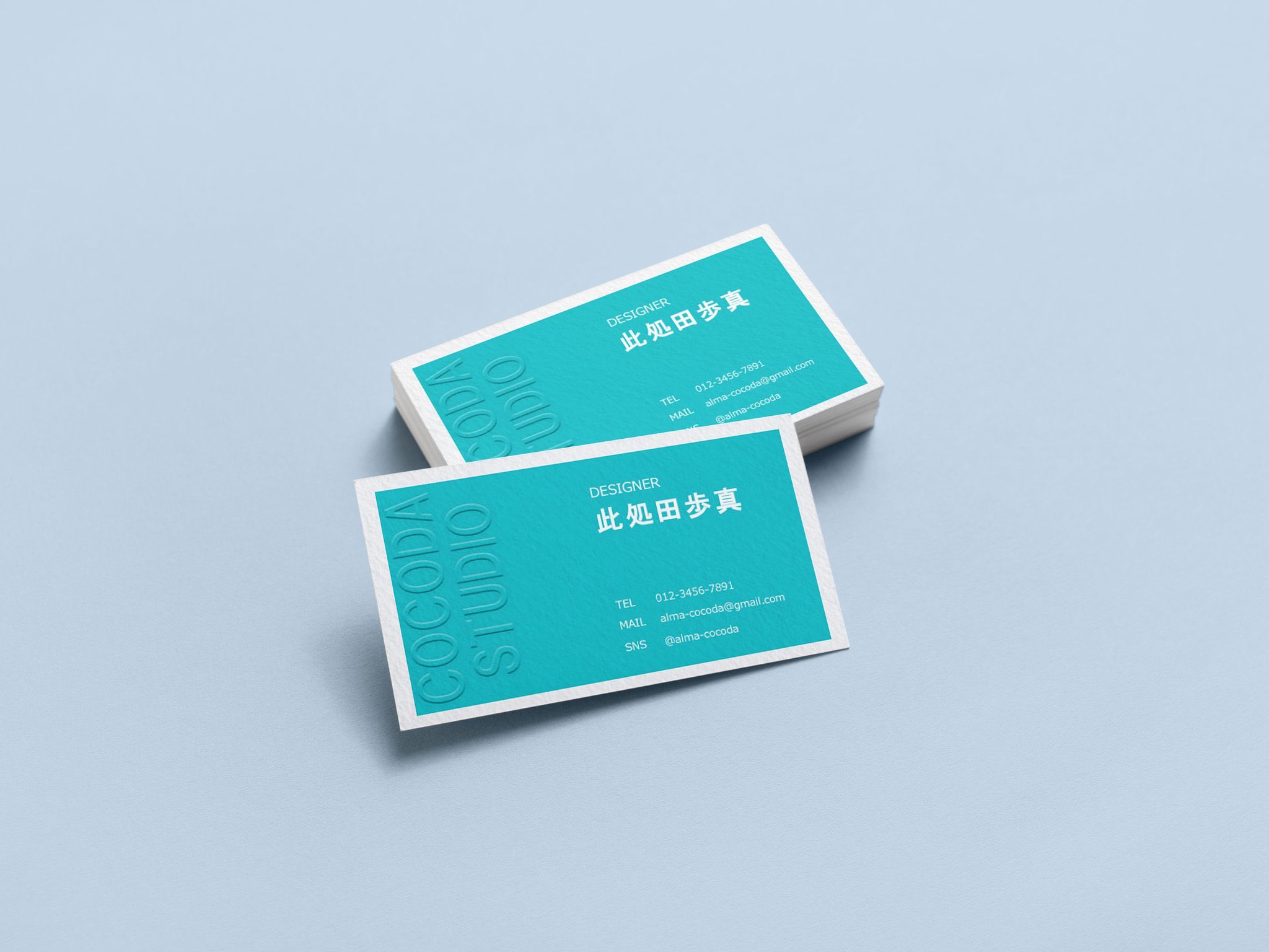 みぃ Web制作 Cocodaさん Cocoda Design のdaily Cocoda より名刺デザインに挑戦 ティファニーブルーでデザインしました エンボス加工と紙の質感もチャレンジ そして初めてモックアップも作ってみました モックアップって魔法みたいですね