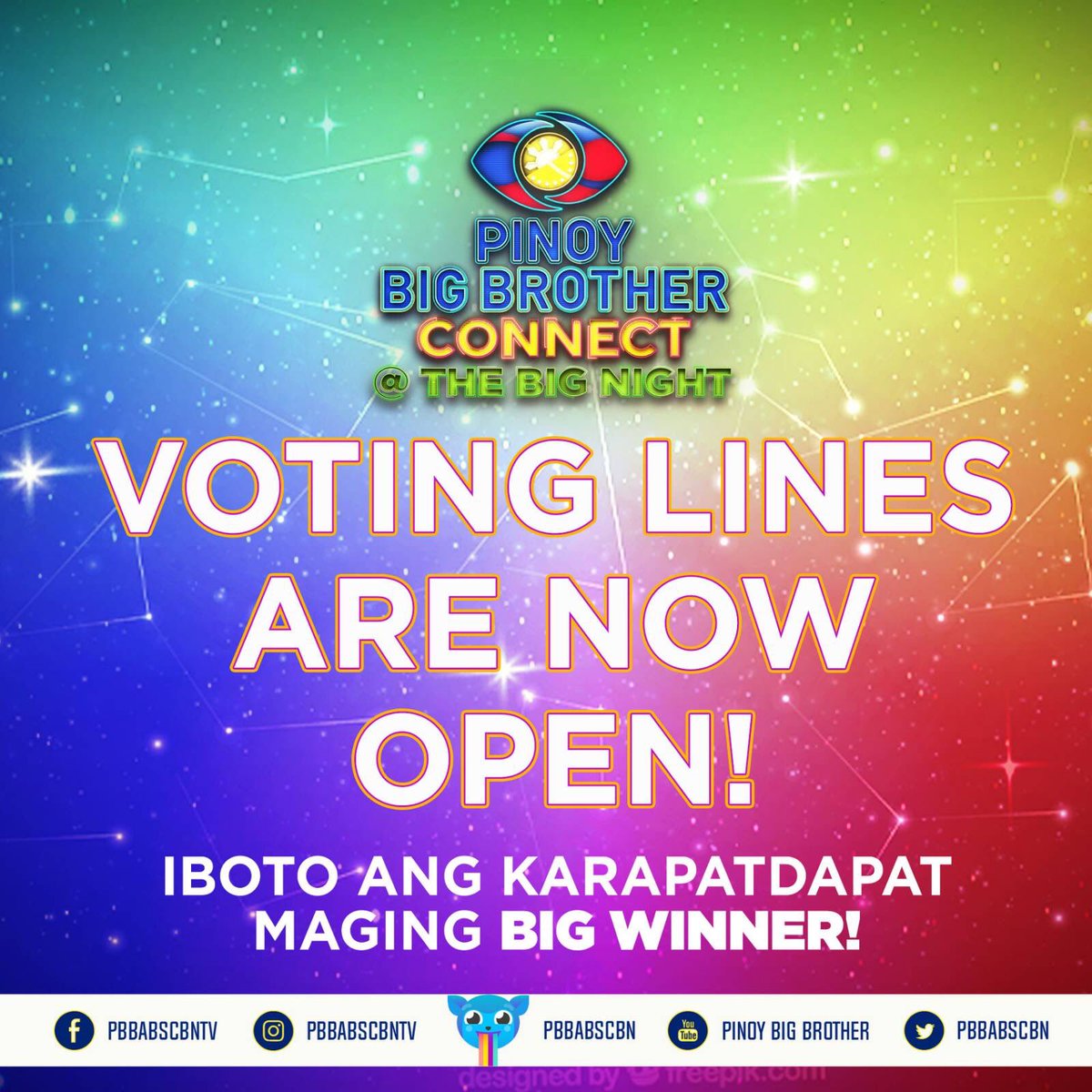 PBBabscbn's tweet photo. Voting lines are now open! Iboto na ang karapatdapat maging Big Winner! #PBBTheFinalBig4 

Vote wisely!

For more exclusive updates follow us on ––
Kumu: https://t.co/5q8jVYJT0A
Twitter: @pbbabscbn
FB and IG: @pbbabscbntv
YouTube: Pinoy Big Brother https://t.co/Srd0rzWlYw