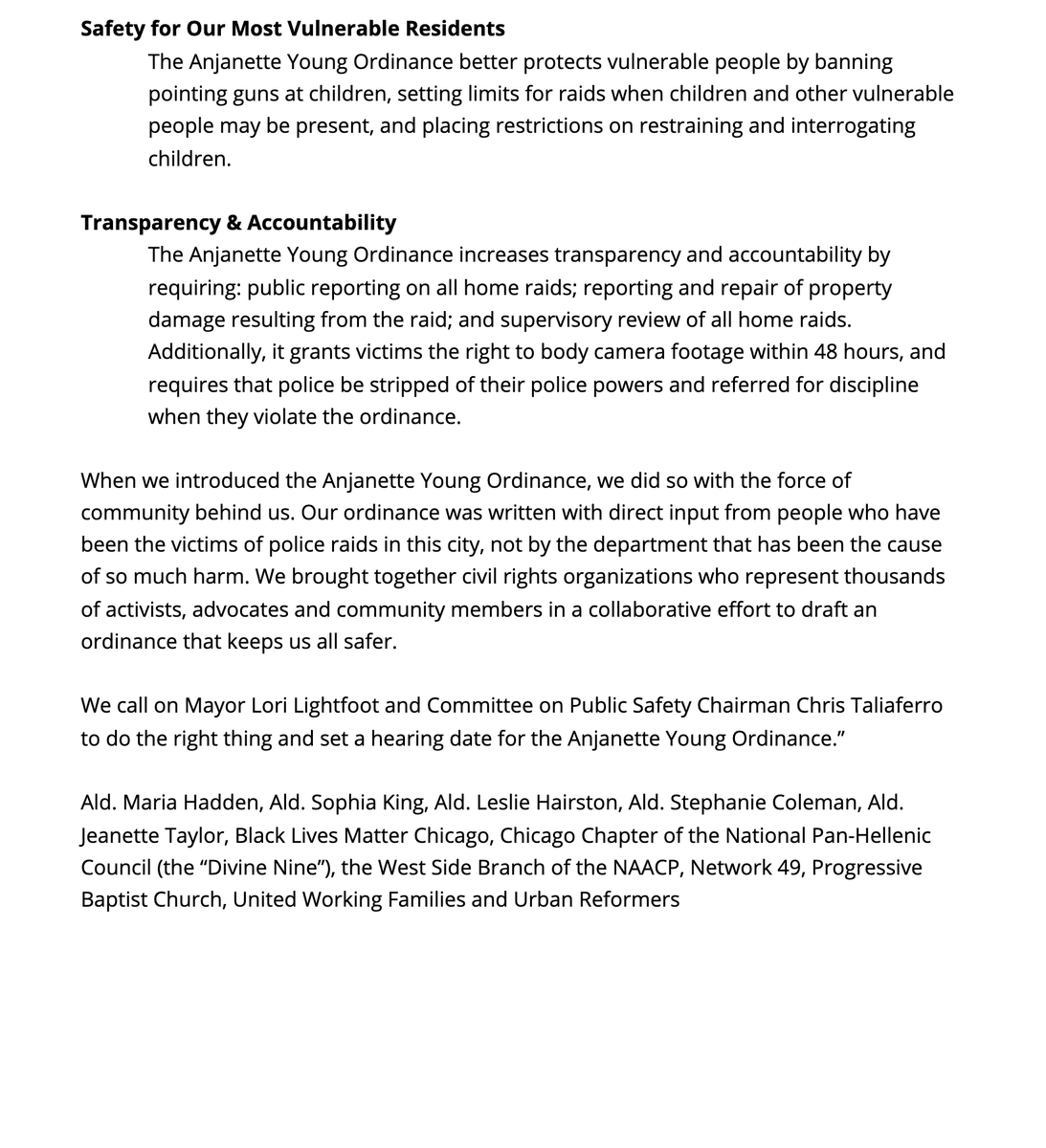 ProgressiveChi's tweet photo. Black Alderwomen and Community Coalition Call for Hearing on #AnjanetteYoung Ordinance #wrongraids
@aldsophiaking @AldLeslieHairston @AldSColeman16 
@taylorfor20th @BLMChi @Naacp_ChiWest @nphcchicago @network49rp @ProgressChicago @UWFIllinois @Urban_Reformers https://t.co/kBEAEqVcK1