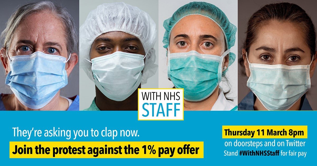 MegaphoneUK's tweet image. The government's 1% pay rise is an insult to healthcare workers who are getting us through this pandemic.

Join us at the doorstep on Thursday at 8pm to slow handclap #WithNHSStaff for fair pay.👇

Let's tell the government to think again.