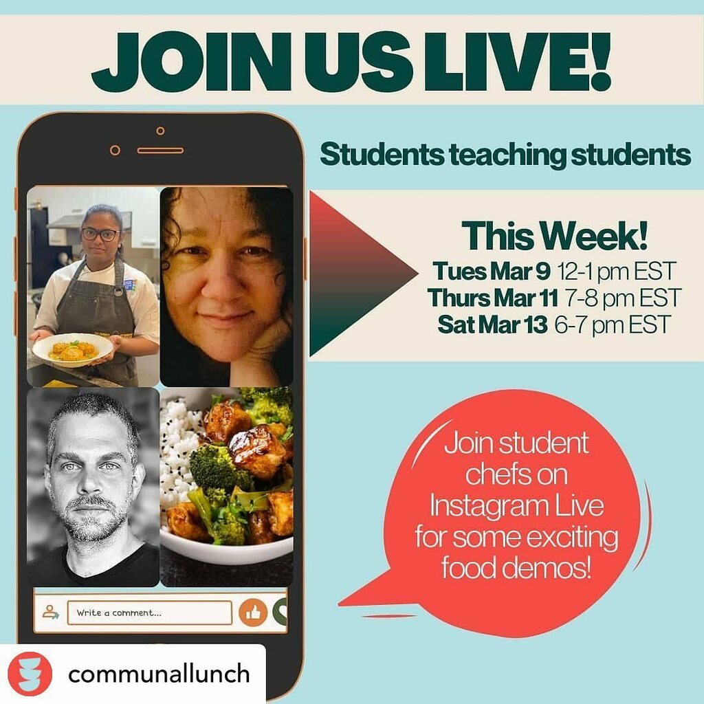 This is very exciting! Students teaching students is a magical thing. Join in on these awesome cooking demos and watch it happen!

Posted <a href="/withregram/">Repost app</a> • @communallunch ‼️ We're hosting cooking demos on Instagram Live by collaboration with culinary stu… instagr.am/p/CMPdvVGLW_b/