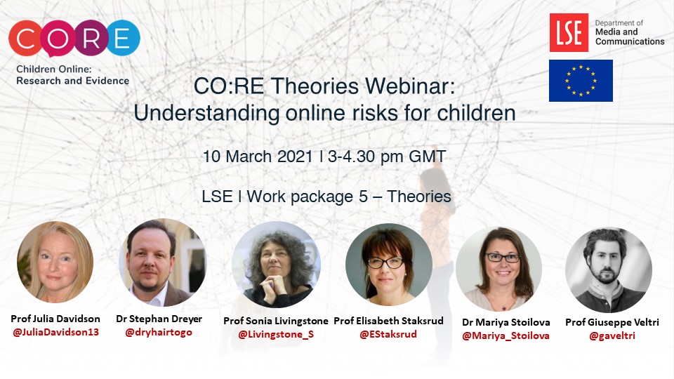 CORE_H2020's tweet image. 🗣️We&apos;re live in about 5 mins - if you didn&apos;t get a ticket we&apos;ll be streaming live on #Facebook discussing #onlinerisk #children w/ @Livingstone_S @gaveltri @EStaksrud  @JuliaDavidson13 @dryhairtogo 

Watch here 👉facebook.com/CORE.H2020/