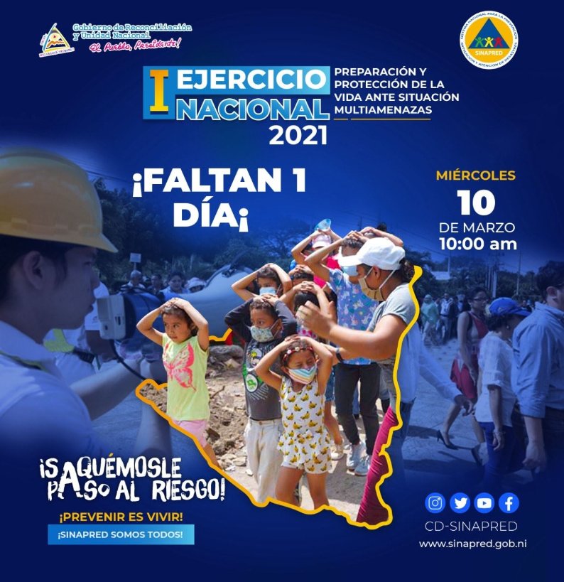 #FelizMiercoles Este 10 de marzo a las 10:00 AM se estará realizando  el primer Ejercicio Nacional Multiamenazas   para proteger la vida ante cualquier situación de riesgo.

#NicaraguaLindaySegura
#SeguimosCambiandoNicaragua