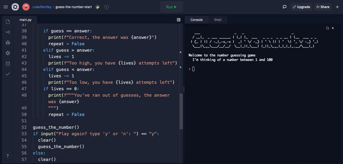 LukeMartley's tweet photo. Day 12
Learned about local and global scope and made a number guessing game from scratch
#100DaysOfCode #python #100daysofcodechallenge

Try it out here: https://t.co/cjt2LRlw5H https://t.co/mbMGMX7M2T