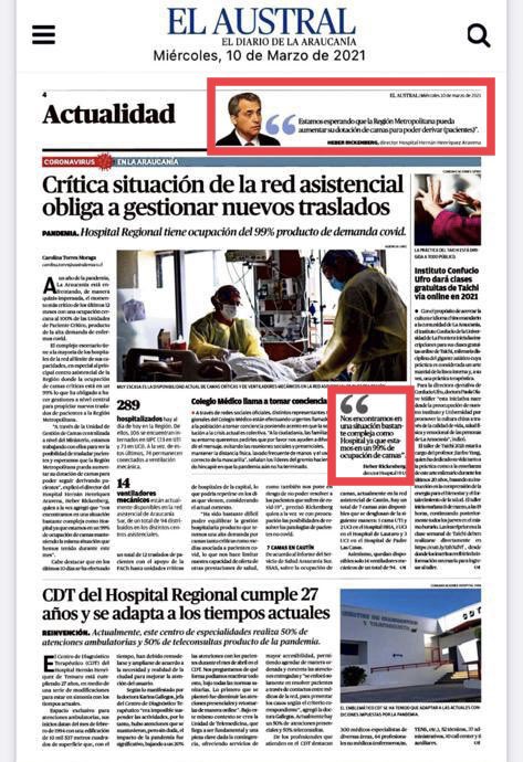 HHHATEMUCO's tweet photo. 📍Crítica situación de la red asistencial obliga a gestionar nuevos traslados.
“Nos encontramos en una situación bastante compleja como hospital ya que estamos en un 99% de ocupación de camas”, Heber Rickenberg, director HHHA. 

🔴Fuente: @AustralTemuco https://t.co/8c6O9lMDJx
