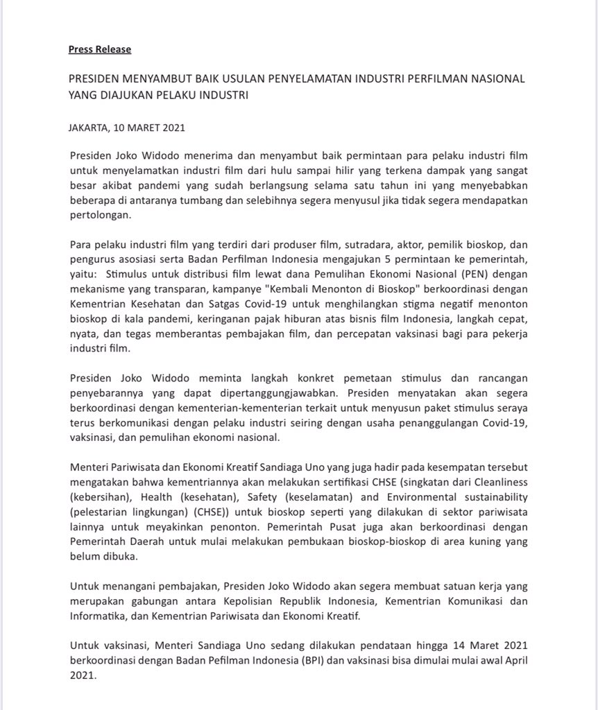 FILM_Indonesia's tweet photo. Presiden Joko Widodo menerima dan menyambut baik permintaan para pelaku industri film untuk menyelamatkan industri film dari hulu sampai hilir yang terkena dampak yang sangat besar akibat pandemi yang sudah berlangsung selama satu tahun ini.. https://t.co/GidMvGiSiy