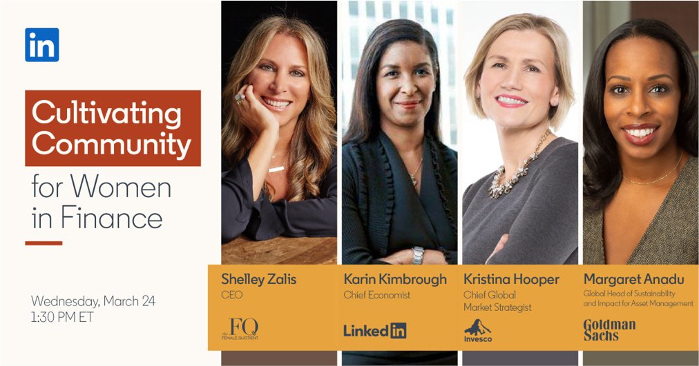 KristinaHooper's tweet photo. Thrilled to be participating in this @LinkedIn event in recognition of #WomensHistoryMonth. I’ll be joining Karin Kimbrough, Margaret Anadu and @ShellyZalis of @femalequotient to discuss how women in finance can help drive positive change in gender equity. https://t.co/1KWyAyDdxY https://t.co/UE4UHwCEZT