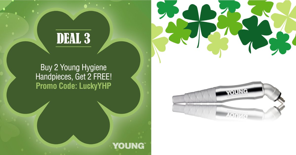 It's Day 3 of our #7LuckyDentalDeals 🍀 Are you ready for a handpiece overhaul?👋 
.
Buy 2, Get 2 FREE on Young's lightweight, ergonomic hygiene handpieces! 
.
Offer(s) valid 3/8/21 - 3/16/21. Must use promo code LUCKYYHP to redeem.